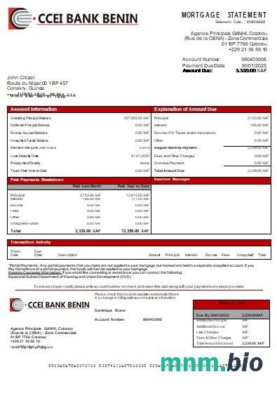 Gwinea Równikowa Bank CCEI Benin wyciąg z kredytu hipotecznego szablon Word i PDF